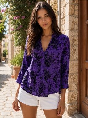 💜 CATO Blouse - Purple with Black Floral Accent  💜